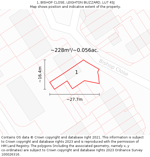 1, BISHOP CLOSE, LEIGHTON BUZZARD, LU7 4SJ: Plot and title map