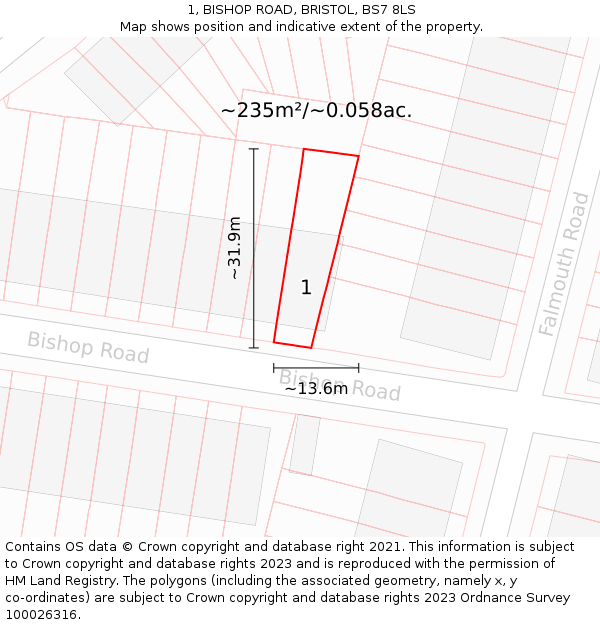 1, BISHOP ROAD, BRISTOL, BS7 8LS: Plot and title map