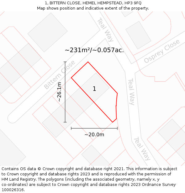 1, BITTERN CLOSE, HEMEL HEMPSTEAD, HP3 9FQ: Plot and title map