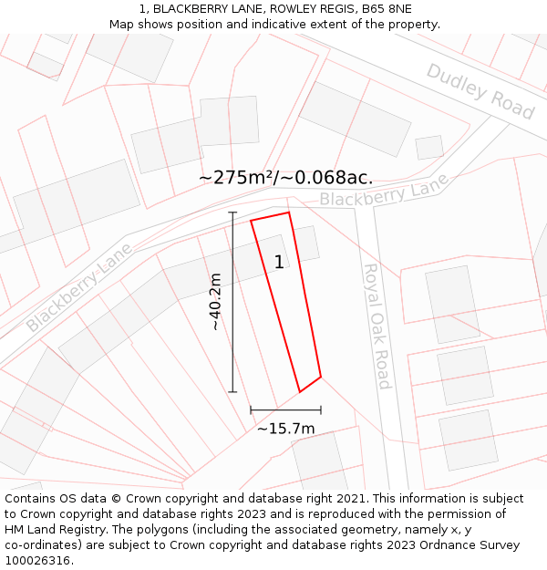 1, BLACKBERRY LANE, ROWLEY REGIS, B65 8NE: Plot and title map