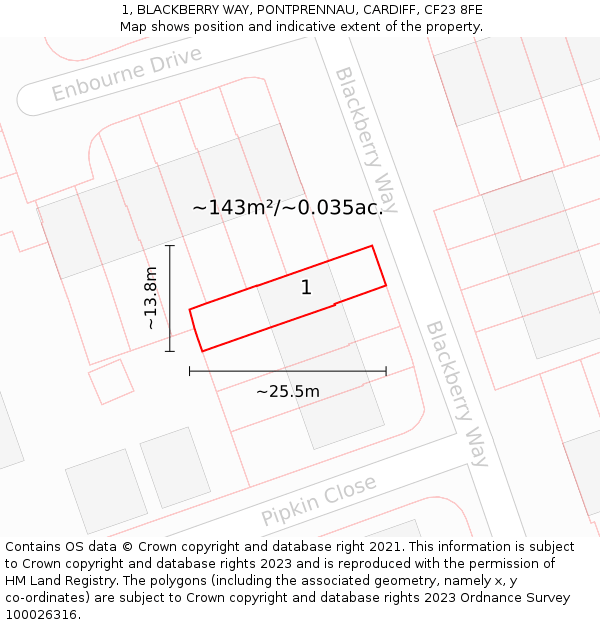 1, BLACKBERRY WAY, PONTPRENNAU, CARDIFF, CF23 8FE: Plot and title map
