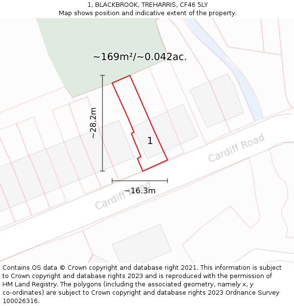 1, BLACKBROOK, TREHARRIS, CF46 5LY: Plot and title map