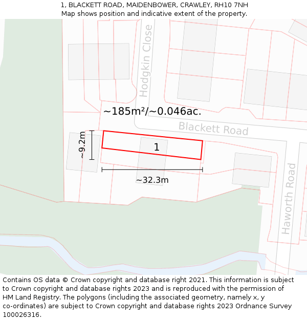 1, BLACKETT ROAD, MAIDENBOWER, CRAWLEY, RH10 7NH: Plot and title map