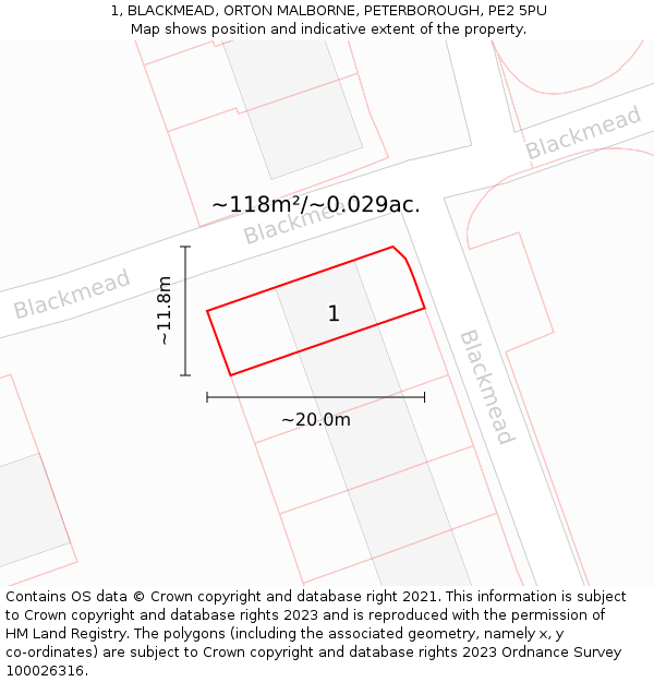 1, BLACKMEAD, ORTON MALBORNE, PETERBOROUGH, PE2 5PU: Plot and title map