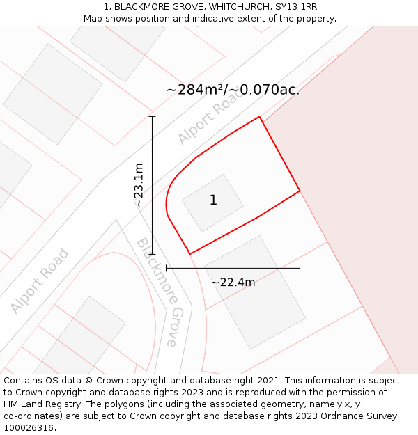 1, BLACKMORE GROVE, WHITCHURCH, SY13 1RR: Plot and title map
