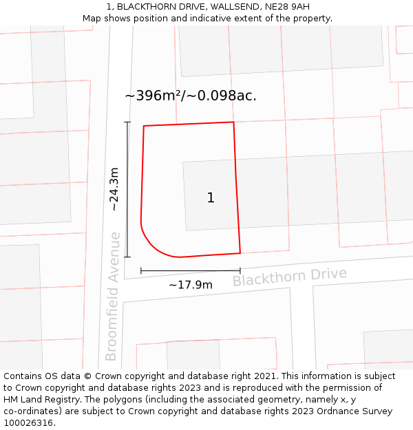 1, BLACKTHORN DRIVE, WALLSEND, NE28 9AH: Plot and title map