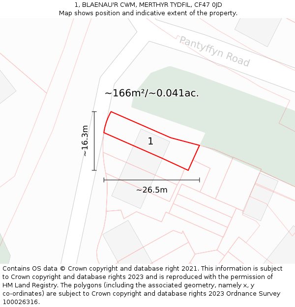 1, BLAENAU'R CWM, MERTHYR TYDFIL, CF47 0JD: Plot and title map