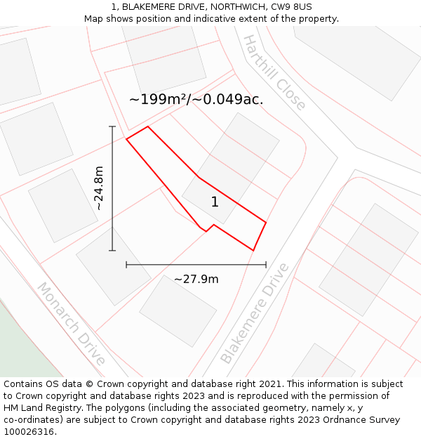 1, BLAKEMERE DRIVE, NORTHWICH, CW9 8US: Plot and title map
