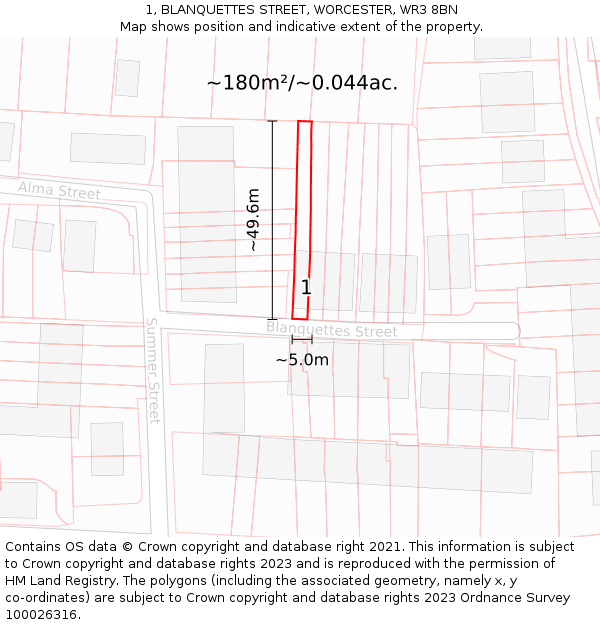 1, BLANQUETTES STREET, WORCESTER, WR3 8BN: Plot and title map