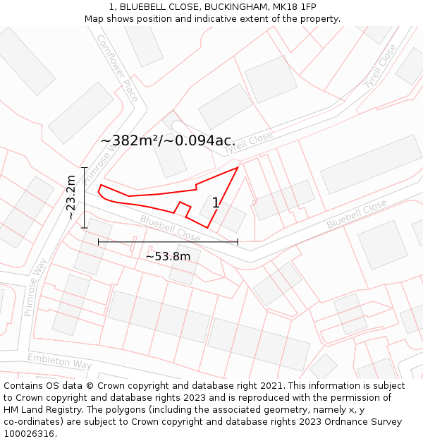 1, BLUEBELL CLOSE, BUCKINGHAM, MK18 1FP: Plot and title map
