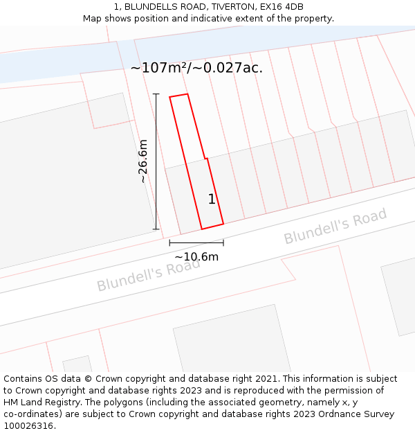 1, BLUNDELLS ROAD, TIVERTON, EX16 4DB: Plot and title map