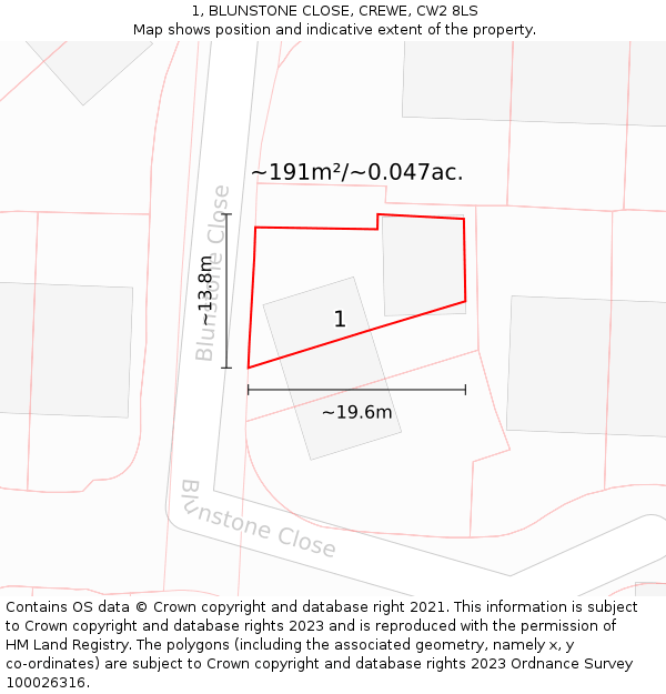 1, BLUNSTONE CLOSE, CREWE, CW2 8LS: Plot and title map