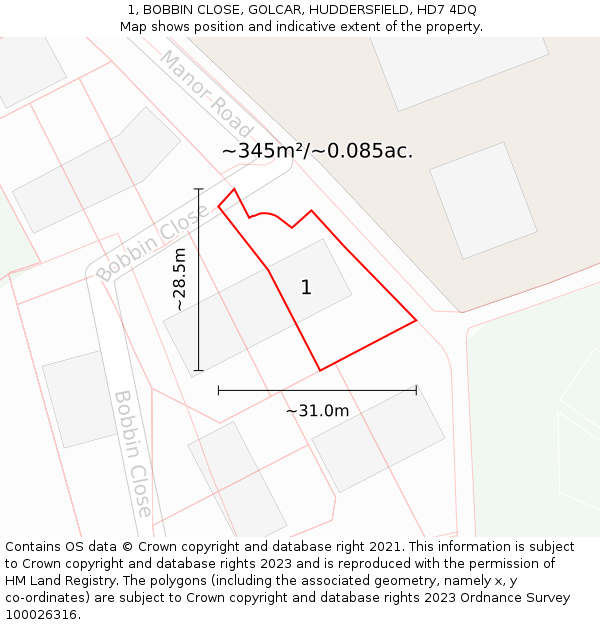 1, BOBBIN CLOSE, GOLCAR, HUDDERSFIELD, HD7 4DQ: Plot and title map