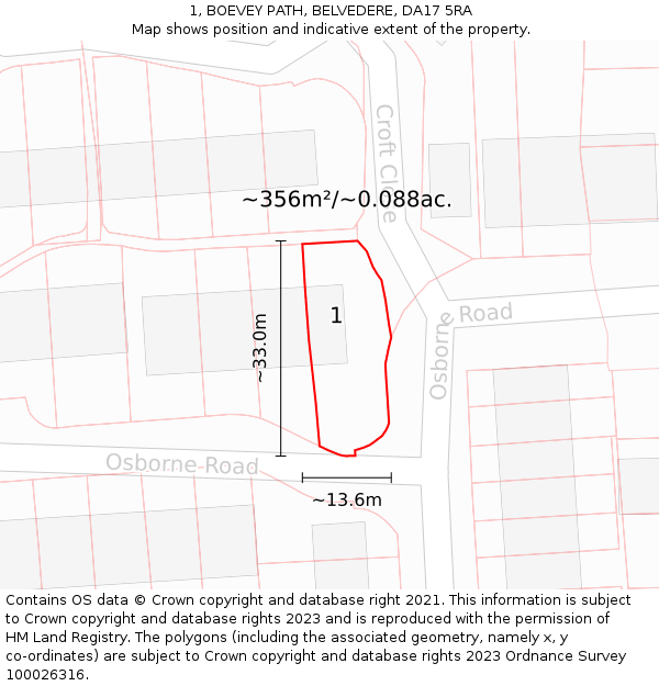 1, BOEVEY PATH, BELVEDERE, DA17 5RA: Plot and title map