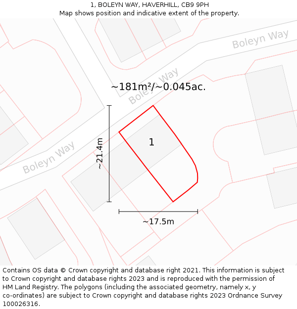 1, BOLEYN WAY, HAVERHILL, CB9 9PH: Plot and title map