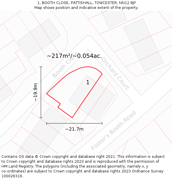 1, BOOTH CLOSE, PATTISHALL, TOWCESTER, NN12 8JP: Plot and title map
