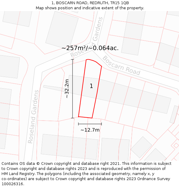 1, BOSCARN ROAD, REDRUTH, TR15 1QB: Plot and title map