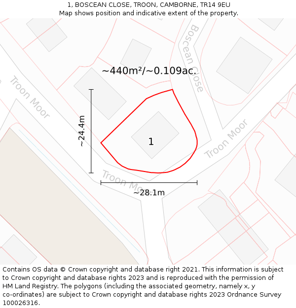 1, BOSCEAN CLOSE, TROON, CAMBORNE, TR14 9EU: Plot and title map
