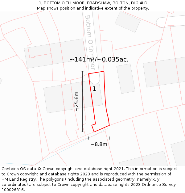 1, BOTTOM O TH MOOR, BRADSHAW, BOLTON, BL2 4LD: Plot and title map