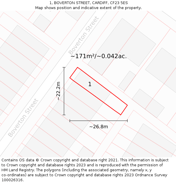 1, BOVERTON STREET, CARDIFF, CF23 5ES: Plot and title map