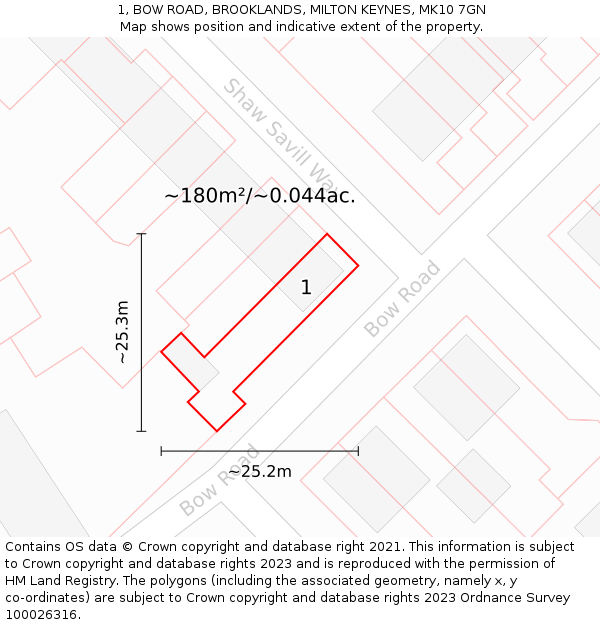 1, BOW ROAD, BROOKLANDS, MILTON KEYNES, MK10 7GN: Plot and title map