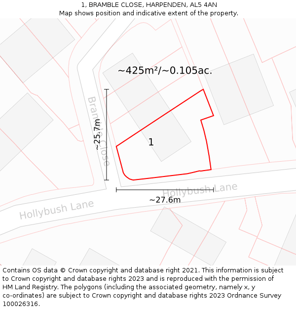1, BRAMBLE CLOSE, HARPENDEN, AL5 4AN: Plot and title map
