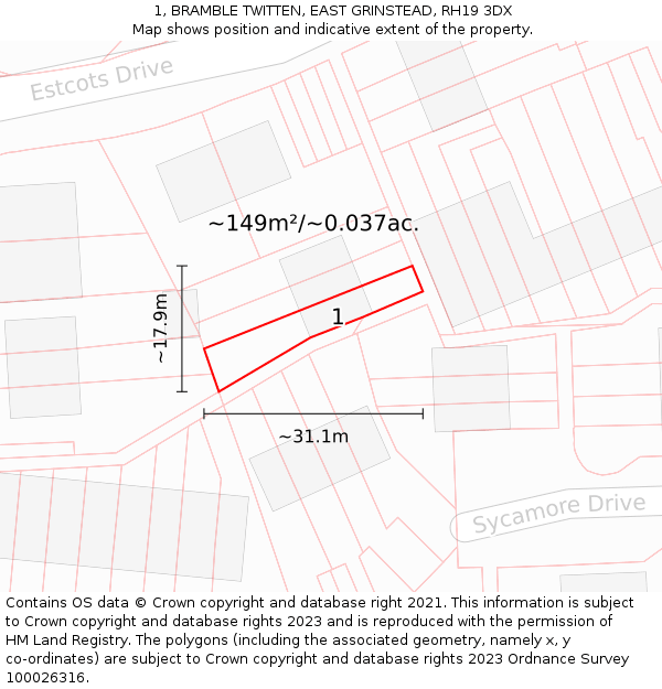 1, BRAMBLE TWITTEN, EAST GRINSTEAD, RH19 3DX: Plot and title map