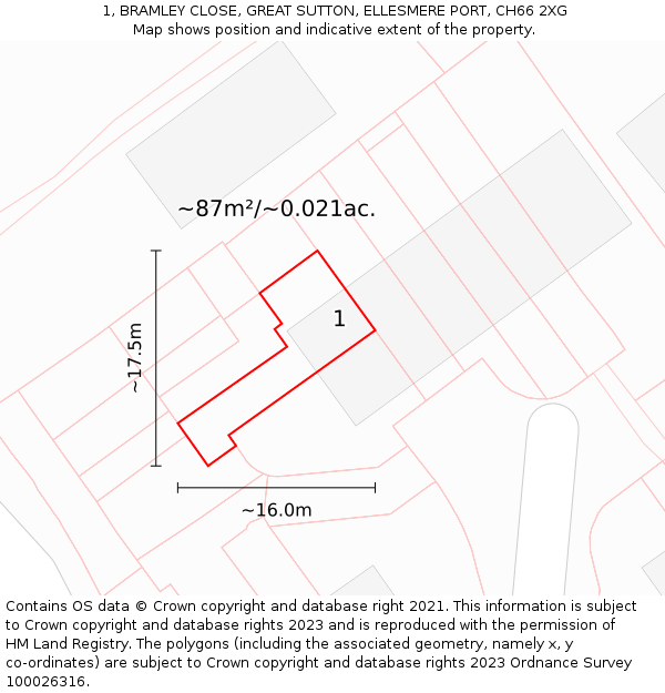 1, BRAMLEY CLOSE, GREAT SUTTON, ELLESMERE PORT, CH66 2XG: Plot and title map