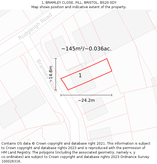 1, BRAMLEY CLOSE, PILL, BRISTOL, BS20 0DY: Plot and title map
