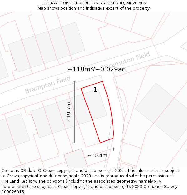 1, BRAMPTON FIELD, DITTON, AYLESFORD, ME20 6FN: Plot and title map