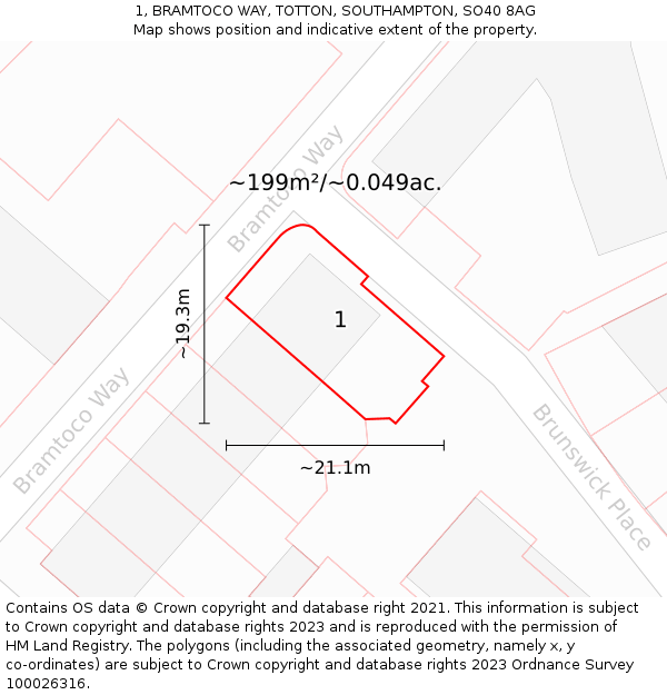 1, BRAMTOCO WAY, TOTTON, SOUTHAMPTON, SO40 8AG: Plot and title map