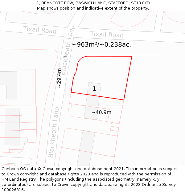 1, BRANCOTE ROW, BASWICH LANE, STAFFORD, ST18 0YD: Plot and title map
