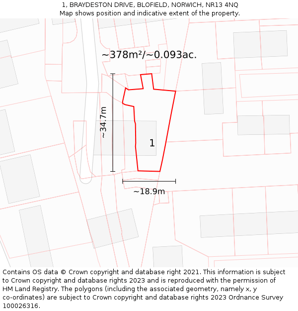 1, BRAYDESTON DRIVE, BLOFIELD, NORWICH, NR13 4NQ: Plot and title map