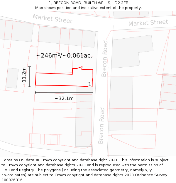 1, BRECON ROAD, BUILTH WELLS, LD2 3EB: Plot and title map