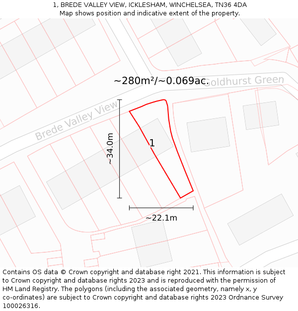 1, BREDE VALLEY VIEW, ICKLESHAM, WINCHELSEA, TN36 4DA: Plot and title map