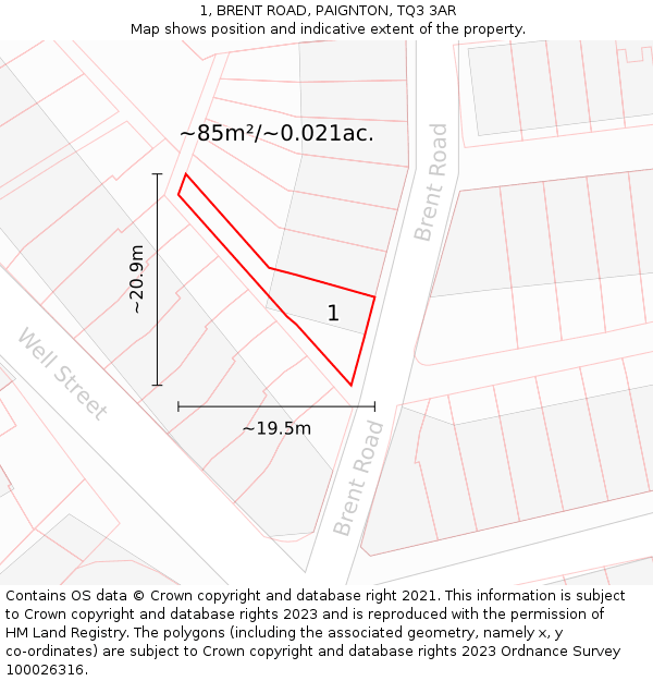 1, BRENT ROAD, PAIGNTON, TQ3 3AR: Plot and title map