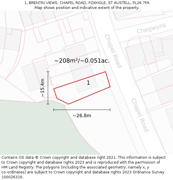 1, BRENTIN VIEWS, CHAPEL ROAD, FOXHOLE, ST AUSTELL, PL26 7FA: Plot and title map