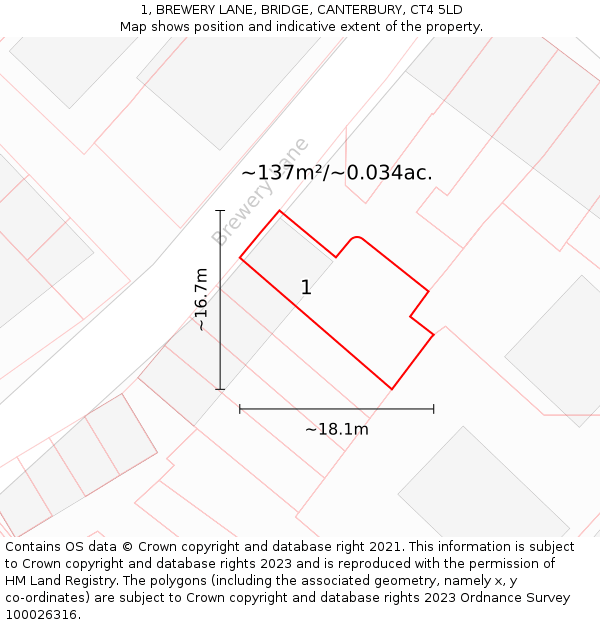 1, BREWERY LANE, BRIDGE, CANTERBURY, CT4 5LD: Plot and title map