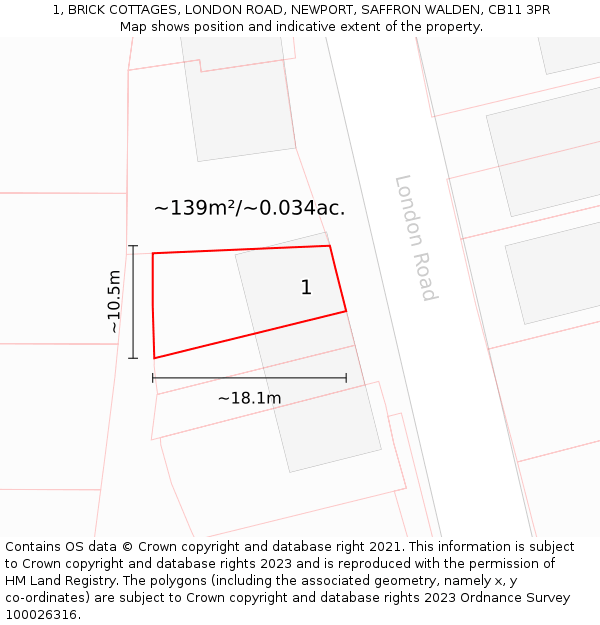 1, BRICK COTTAGES, LONDON ROAD, NEWPORT, SAFFRON WALDEN, CB11 3PR: Plot and title map