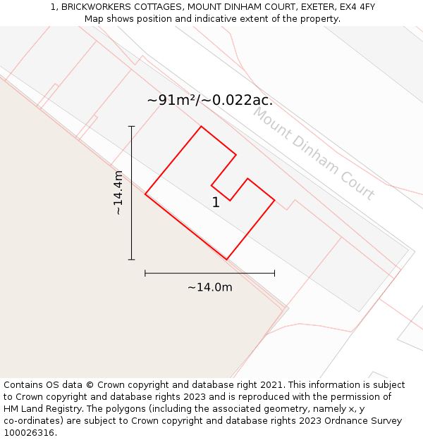 1, BRICKWORKERS COTTAGES, MOUNT DINHAM COURT, EXETER, EX4 4FY: Plot and title map