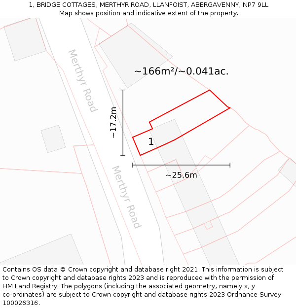 1, BRIDGE COTTAGES, MERTHYR ROAD, LLANFOIST, ABERGAVENNY, NP7 9LL: Plot and title map