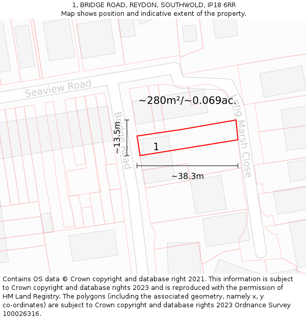 1, BRIDGE ROAD, REYDON, SOUTHWOLD, IP18 6RR: Plot and title map