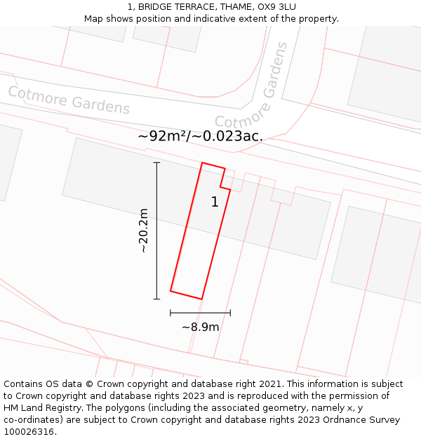 1, BRIDGE TERRACE, THAME, OX9 3LU: Plot and title map