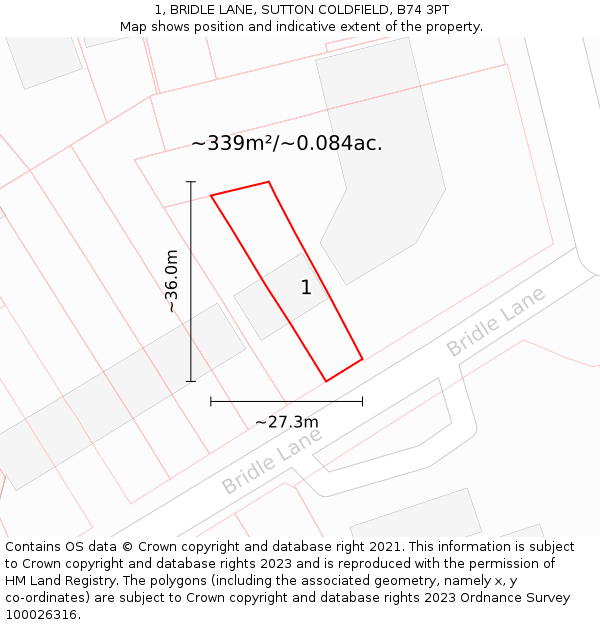 1, BRIDLE LANE, SUTTON COLDFIELD, B74 3PT: Plot and title map