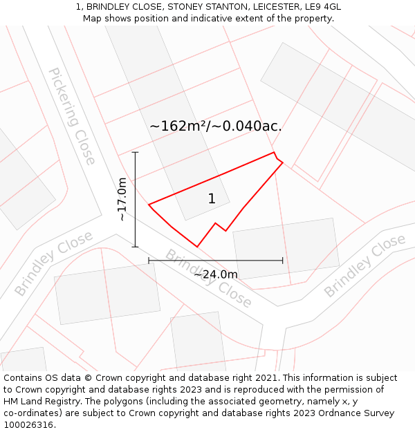 1, BRINDLEY CLOSE, STONEY STANTON, LEICESTER, LE9 4GL: Plot and title map