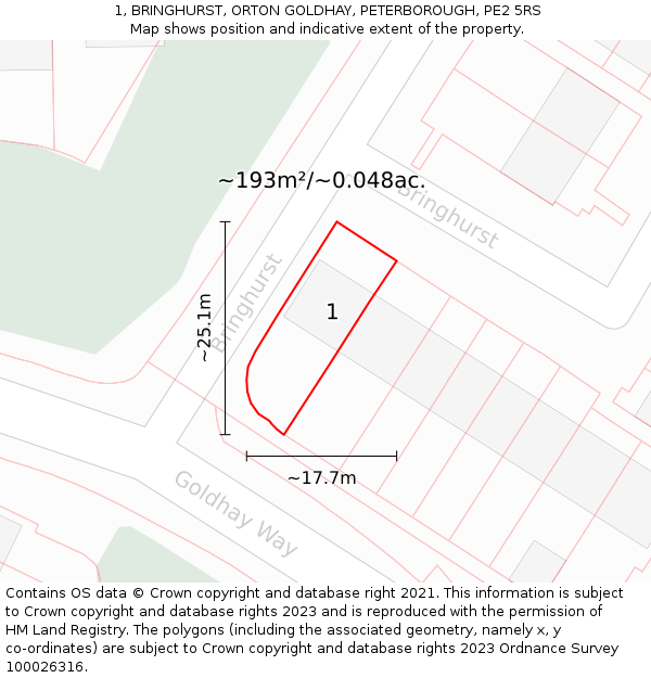1, BRINGHURST, ORTON GOLDHAY, PETERBOROUGH, PE2 5RS: Plot and title map