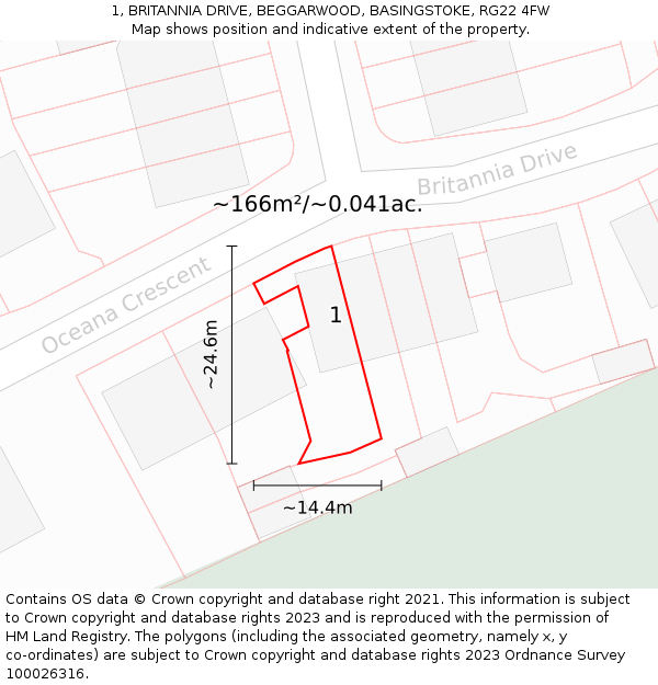 1, BRITANNIA DRIVE, BEGGARWOOD, BASINGSTOKE, RG22 4FW: Plot and title map