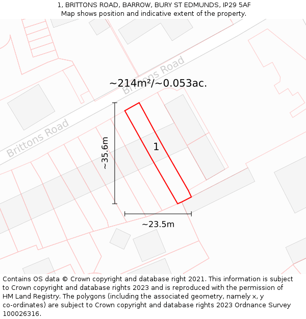 1, BRITTONS ROAD, BARROW, BURY ST EDMUNDS, IP29 5AF: Plot and title map
