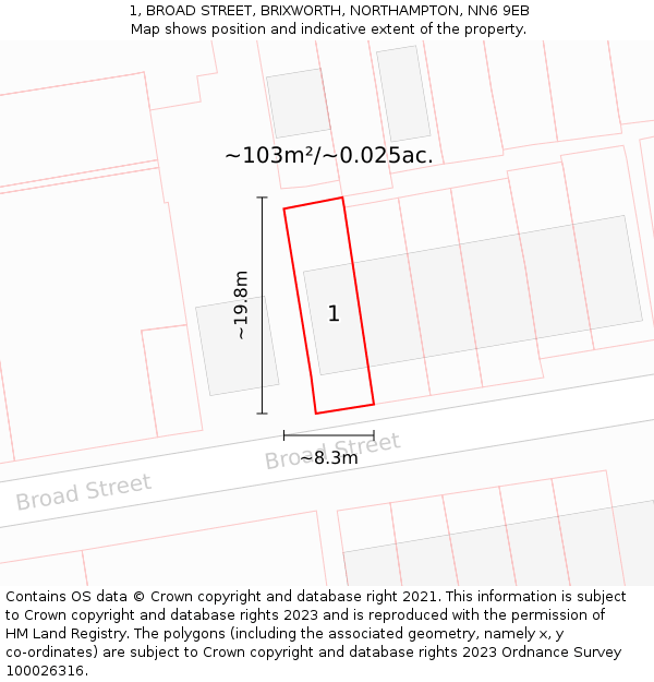 1, BROAD STREET, BRIXWORTH, NORTHAMPTON, NN6 9EB: Plot and title map