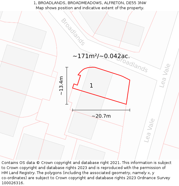 1, BROADLANDS, BROADMEADOWS, ALFRETON, DE55 3NW: Plot and title map